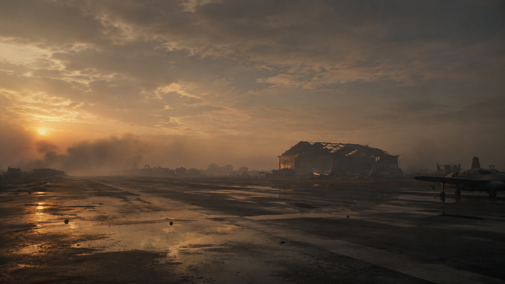 A quiet runway at dawn with fading smoke and a damaged hangar in the distance.
