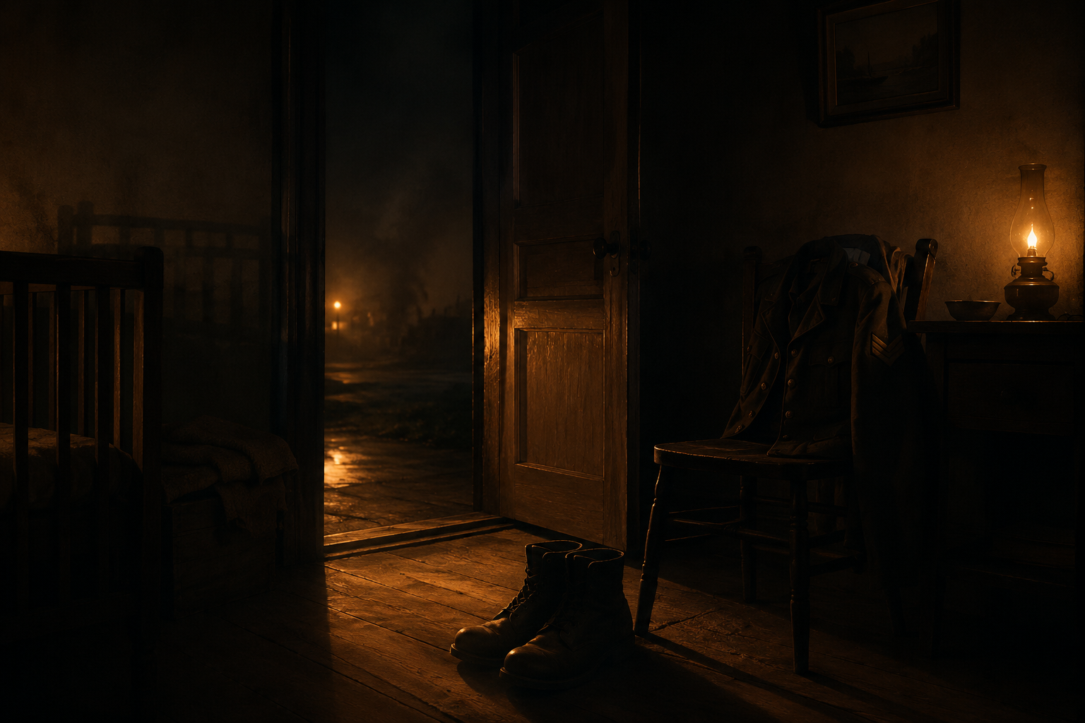 Military boots near a doorway, a uniform on a chair, and a dim home interior at night.