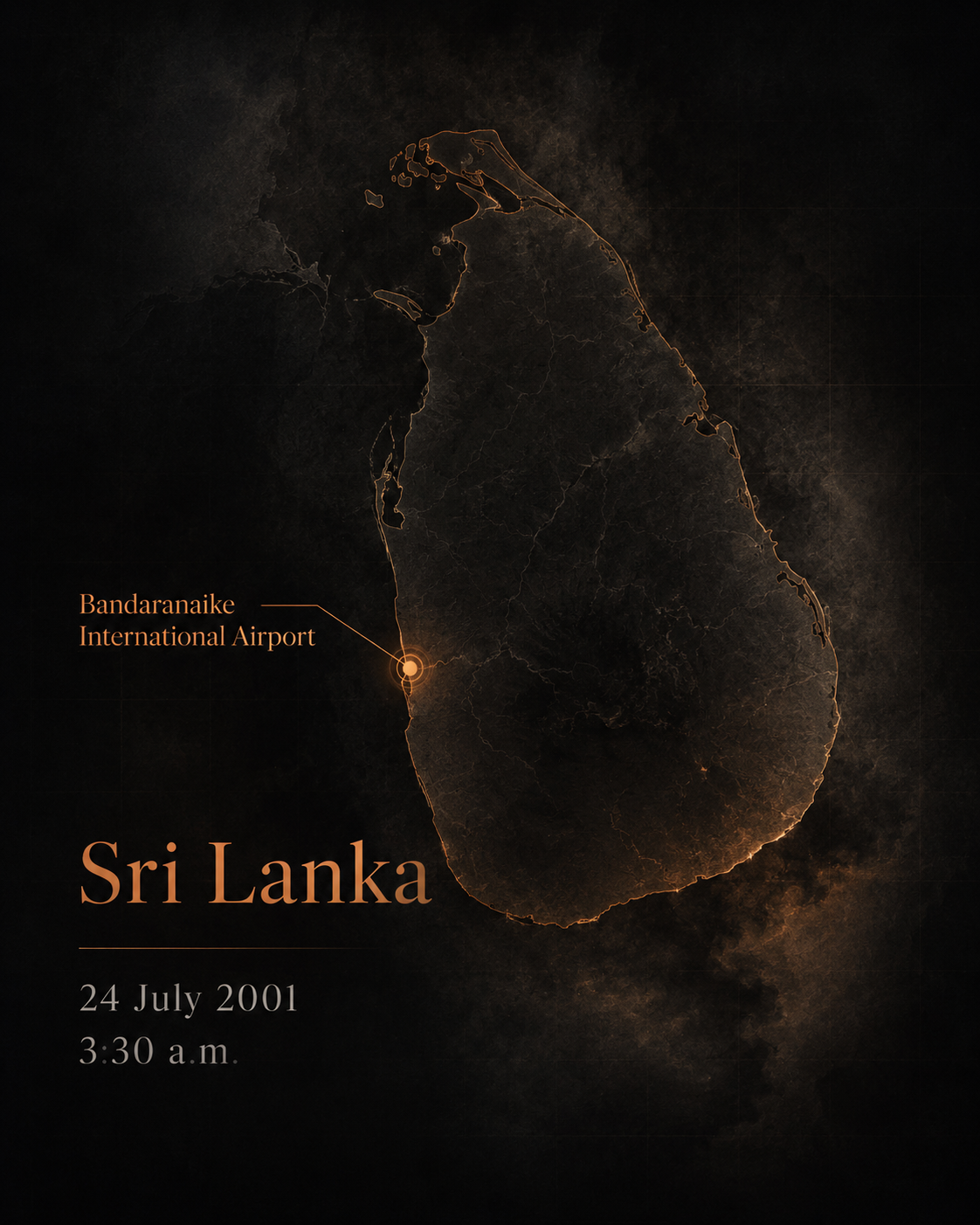 Map-style graphic marking Bandaranaike International Airport in Sri Lanka on 24 July 2001 at 3:30 a.m.