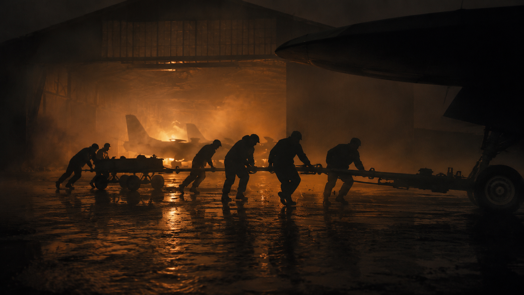 Aircraft rescue effort in smoke and darkness.