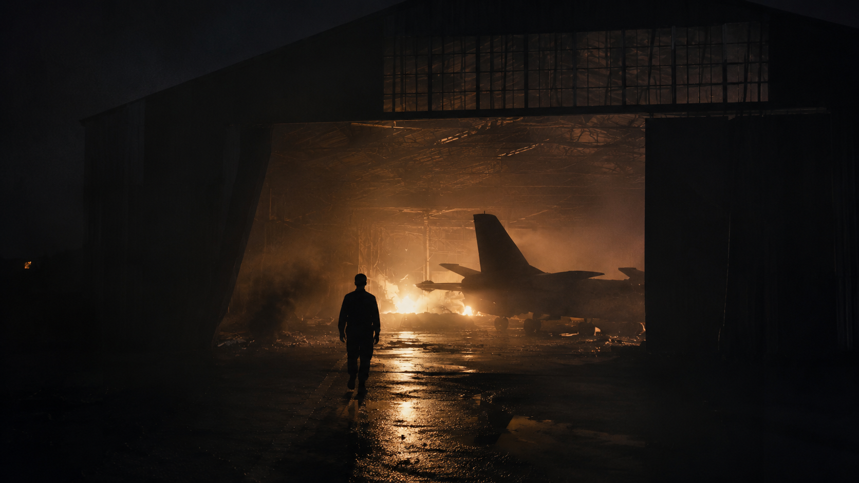 Aircraft hangar at night with firelight and smoke