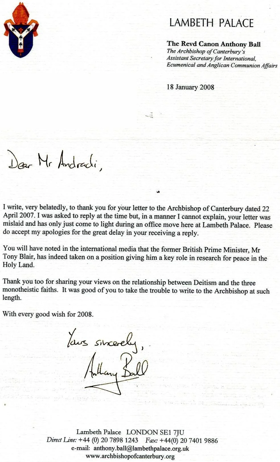 Handwritten and typed letter from Lambeth Palace, on behalf of the Archbishop of Canterbury, dated 18 January 2008.