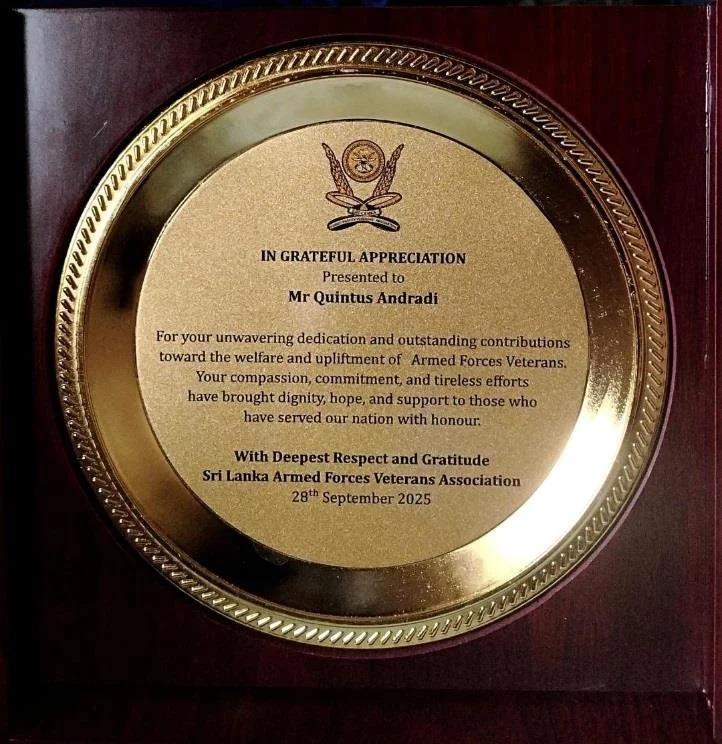 Gold plaque presented to Quintus Andradi by the Sri Lanka Armed Forces Veterans Association, dated 28 September 2025.