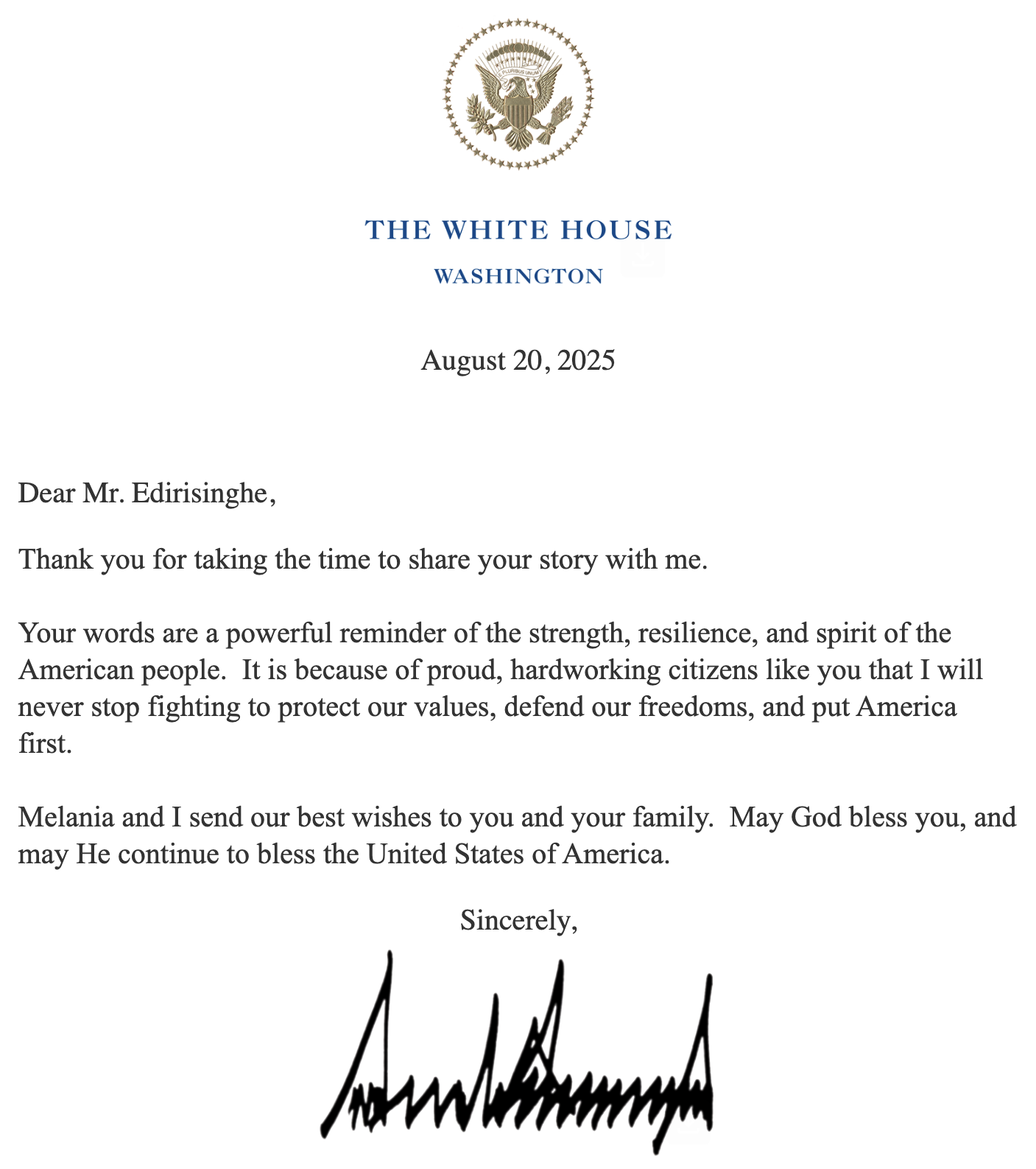 White House correspondence dated August 20, 2025, addressed to Mr. Edirisinghe.